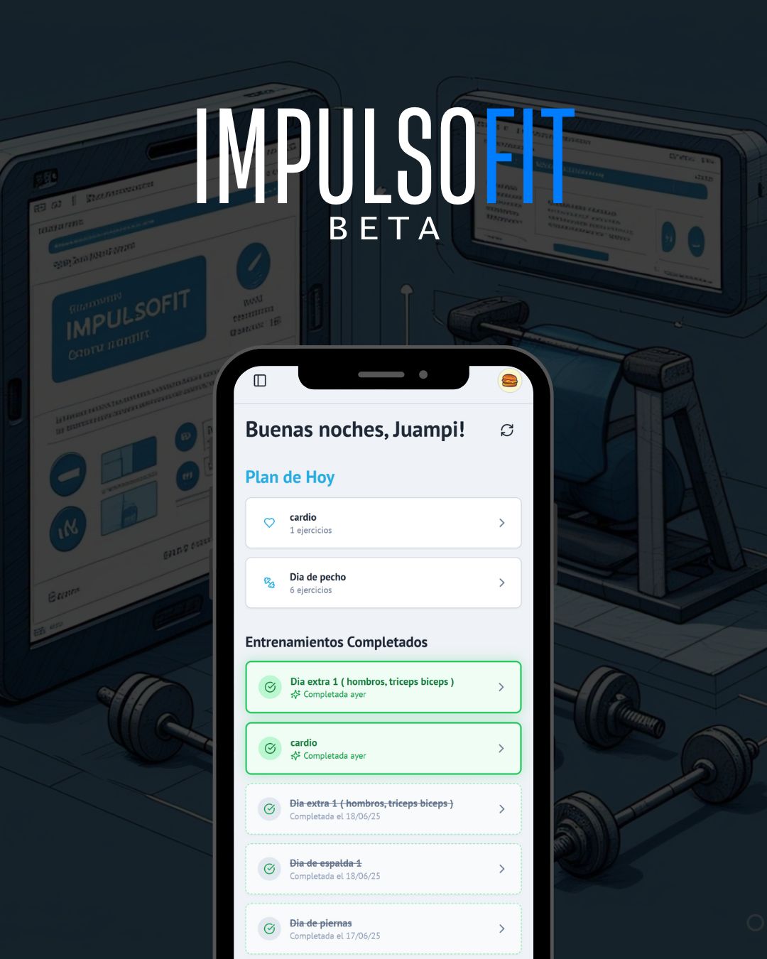 La app ImpulsoFit mostrada en un celular sobre un fondo de desarrollo